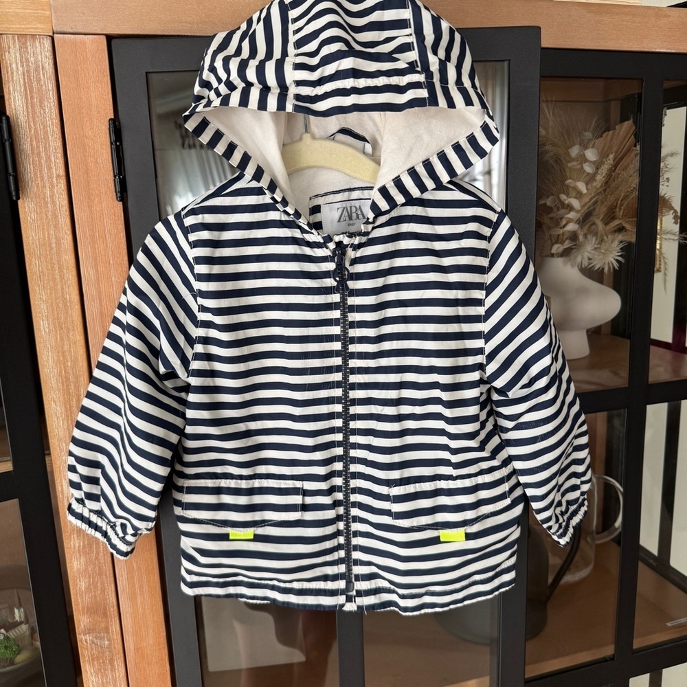 Zara Kids Windbreaker Hoodie Jacket zip up Navy Stripes toddler baby boy rain